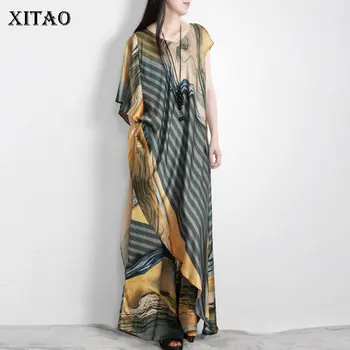 XITAO Niche Silk Комплект от две Части Нередовен Шарен Пуловер Топ Еластичен Колан в пълен размер Панталони Малцинство Свободни 2021 Лято WMD0956