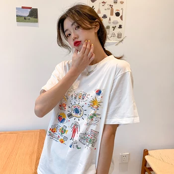 Harajuku Kawaii Graphic Tee Female summer Simple short sleeve cartoon T Shirt korean Women Смешни Print T-тениски Casual Top white