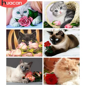 HUACAN 5D САМ Diamond Живопис New Animal Cat Diamond Embroidery Sale Flower Rose Rhinestones Full Mosaic Занаятите Kit
