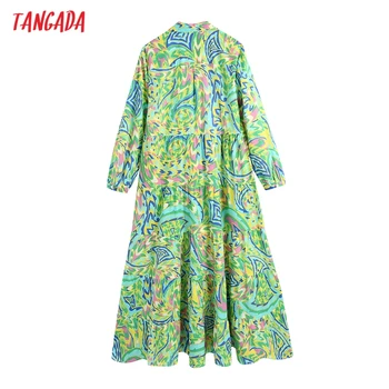 Tangada Women Green Printed Губим Long Dress Vintage Three Quarter Sleeve Button-up Дамски рокли Vestidos BE791