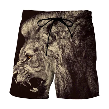 Годишният животински принт 3D печат лъвската глава плажни шорти мъжки черни бързо съхнещи плувни шорти мъже, хип-хоп готини шорти панталони