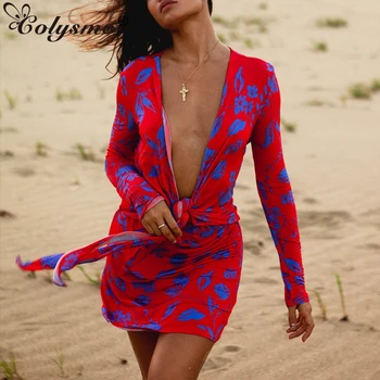 Colysmo Print Woman Dress Cut out Lace up Deep V Long Sleeve, Red Mini Dress Ladies Небрежно Секси Party Bodycon Vestidos Beach Robe