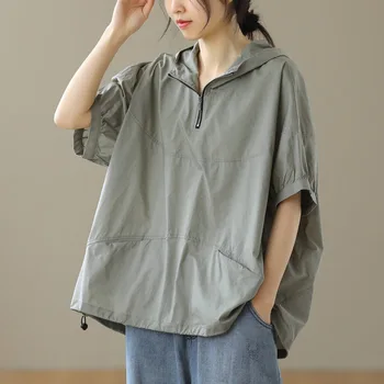 Памук Hoody Тениска Жена 2021 Лято Риза С Къс Ръкав Жена тениска O-Образно Деколте Свободен Корейски Стил, Плюс Размера на Дамски ризи