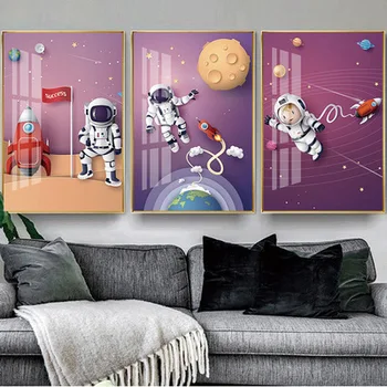Nordic Modern Children ' s Room Decoration Платно Живопис Cartoon Hanging Astronaut Planet Universe Стенопис Living Room Home Decor