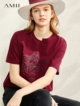 Amii Minimalism women 's Summer Tops Fashion Cotton Oneck Дантела Patchwork Губим Women' s Tshirt Causal Women ' s Тениска 12027443