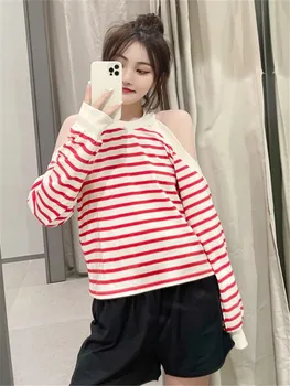 ZA 2021 summer new women ' s clothing sweet simple temperament секси shoulder-leaking round neck шарени T-shirt top for women