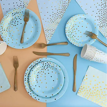Бронз грах синьо комплект съдове за готвене хартиена чаша хартиена чиния за еднократна употреба прибори, за да проверите за рожден ден украса