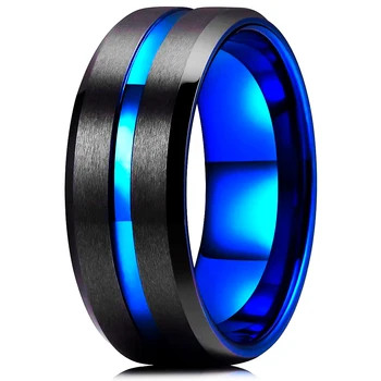 Популярно 8-миллиметровое стоманен мини-синьо матирано оптовое пръстен от волфрам карбид. Очарованието на мъжете. Мода, модни аксесоари за годеж.