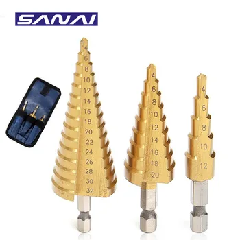 SANAI 3PCS Step Пробийте Bit Set 3-12 мм 4-12mm 4-20mm 4-32mm HSS Straight Groove Titanum Coated Wood Metal Hole Кътър Основната Пробийте