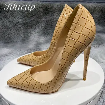 Tikicup Гол Croc-Effect Women Patent Plaid Pattern High Heels Ultra Size 34-45 Sexy Ladies Шило Pumps Насочваща Party Shoes