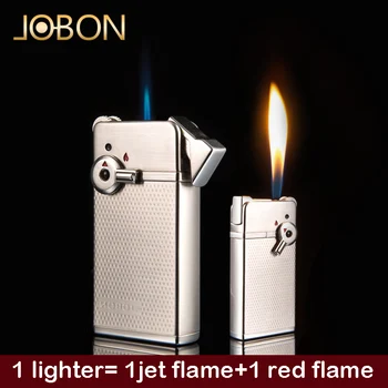 Jobon Two Flames( Ветрозащитное Синьо Jet Пламък + Червен Пламък) Запалка Метална Газова Надуваема Опесъчаване Машина Запалка За Пушачи Подарък кутия