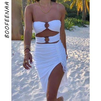 BOOFEENAA Секси Cut Out O Ring Bodycon Dresses for Women Beach Party Club Екипировки Бяло елегантна Midi Рокля с цепка C16-CZ16