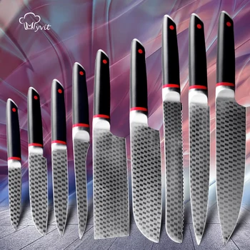 Комплект кухненски ножове Японски 1-9 бр. 7CR17 440C Высокоуглеродистый модел Нож на главния готвач Остър Сантоку Секира Ножове за Рязане на Инструменти
