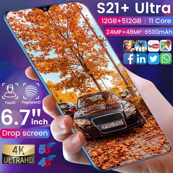 2021 Нов смартфон S21+ Ultra 6,7-инчов екран падането на LTE 4G основната 10 8+512GB Face unlock 24MP камера Dual SIM Мобилен телефон