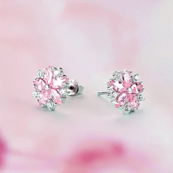 Нова Мода Сладък Розов Циркон Черешов Цвят Обеци за Жени, Бижута, Подаръци