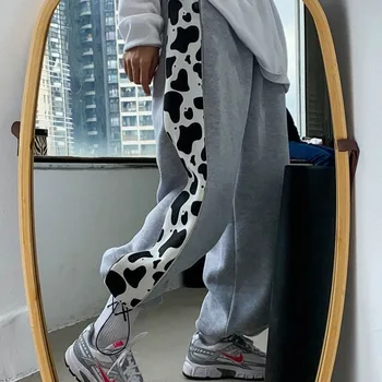 HOUZHOU Cow Print Jogging Sweatpants Женски широки Спортни Панталони в Корейски Стил 2021 Harajuku Черни Свободни Ежедневни Панталони Oversize