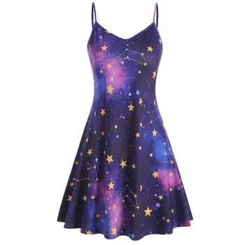 Galaxy Sky Тай-dyed Dress Women Summer Sleeveless Star And Moon Printed Spaghetti Strap Dresses О-образно деколте Dress Vestidos Robe Femme