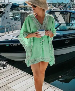 Boho Beach Woman Дантела Самоделни Плетене Hollow Mini Cover-Ups Dress Еластични Collect Waist Swimwear Притежава Batwing Swimsuit Cover Up