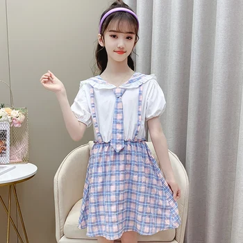 Tz Boutique 2021 Summer New Style Plaid Равенство Suspender Dress 4 To 12 Years Old Girl Сладко Облекло