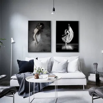 Черно И Бяло Танцово Сватбена Рокля Платно Плакат Nordic Wall Art Платно Print Минималистичен Живопис Снимка На Домашен Интериор