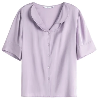 DUSHU Office Lady Коприна лилаво Женска риза С Къс Ръкав 2021 Лято на Нов, V-образно деколте Прости Ежедневни дамски блузи Облекло