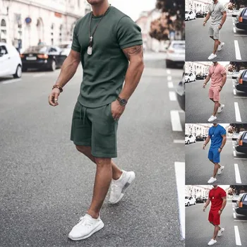 Мъжки Летен Спортен Костюм и Тениска С Къс Ръкав Свободни Панталони Костюм Плътен Цвят Комплект От две Части Lounge Clothing 2021