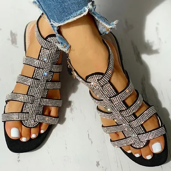 Дамски гладиаторски сандал с каишка на щиколотке Женски лъскави обувки Женски Улични Римски Кристални BlingLadies Модни дамски плажни 2020