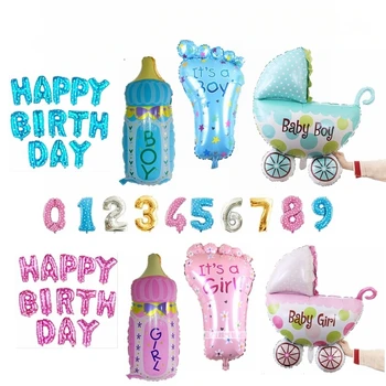 Честит Рожден Ден Balloons Момиче Момче Party Pink Blue Foil Balloons Dot Milk Bottle Feet Детска Количка Baby Shower Decoration