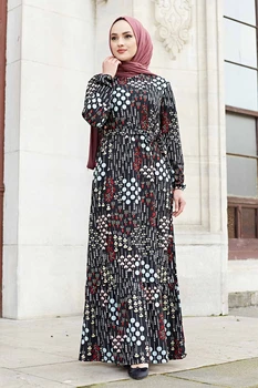 Avoxx Жени Дубай абая рокля с дълъг ръкав дълъг Макси пролет лято мюсюлманската рокля на цветя, жакард мода дама син Реколта Бохо есен