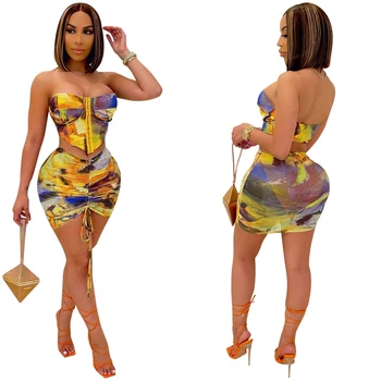 Women Вратовръзка Боядисват Club Party Two Piece Summer Set Skirt Suit Секси Off Shoulder Crop Top Drawstring Mini-Skirt Outfit Matching Set