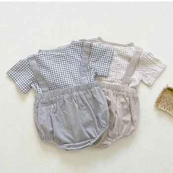 Kids Boy Girl Suit Summer Clothes Бебе Baby Boys Girls Grid Short Sleeve-T-shirt + Лифтинг на Шорти Костюм Комплекти дрехи