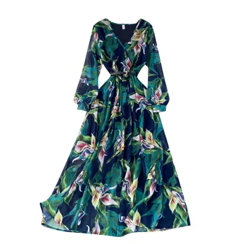 Дамски Нова мода Шифон Печат трапециевидное рокля Пролет и лято Приморски V-образно деколте с дълги ръкави и Висока талия Плаж Vestidos R463