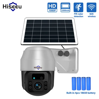 Hiseeu Слънчева IP камера 1080P PTZ WiFi Камера за ВИДЕОНАБЛЮДЕНИЕ открити 4 бр. Акумулаторна батерия Панел Smart Security Безжичен PIR