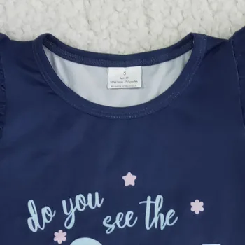 Детски Момичета Носят Пролетен Отпечатък Камбани Облекло Тъмно Синьо Куче Писмо Печат С Къс Ръкав Топ Риза Бутик На Едро Детски Дрехи