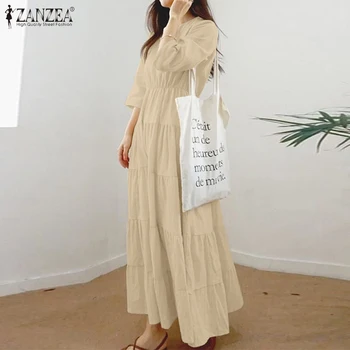 Жена годишният сарафан ZANZEA 2021 Стилно твърдо рокля с волани 3/4 Ръкави Maxi Vestidos Женски Случайни дреха с висока талия на извънгабаритни