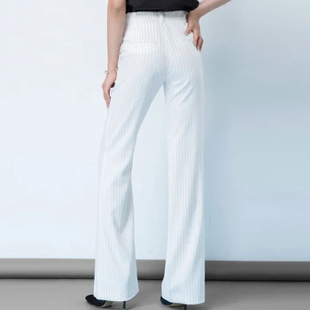 2020 Пролет Лято Нова Дамска Мода Бял Памук Бельо На Райета Прави Панталони Дама Черно Клеш Разкроена Панталони Голям Размер