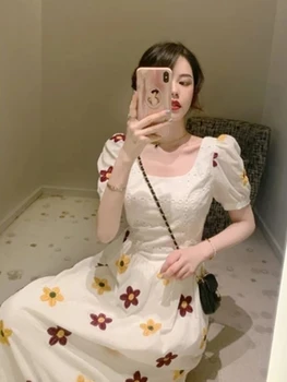 2021 Vintage Embroidery Sun Floral Midi Dress Elegant Women Puff Sleeve O Neck New Clothes