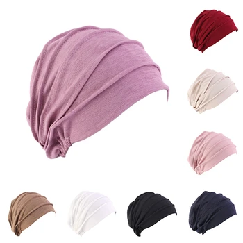 2021 Нов Еластичен Памук Тюрбан Шапка Плътен Цвят Жени Топъл Зимен Шал Качулка Вътрешна Hijabs Капачка Мюсюлманин. → Femme Wrap Head