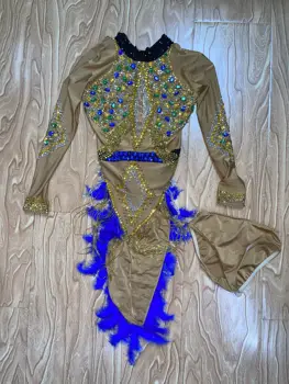 Многоцветен Кристал Синьо Перо Ликра Къса Рокля Рожден Ден Празнуват Ресни Облеклото На Жените Танцьорки Вечерна Рокля