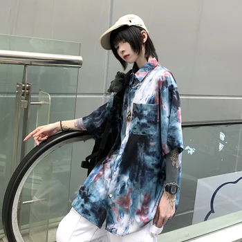 Лятна Градинска Облекло Ретро Harajuku Dark Splash Ink Персонални Вратовръзка Боядисват Fashion Printed С къси Ръкави на Блузи И Ризи Женски