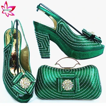 Последните Африкански Летни Сандали Обувки И Чанта В Тон, Определени За Парти Мода Планински Кристал, Помпи Обувки И Чанта Комплект в Зелен Цвят