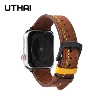 UTHAI A41 Каишки за часовници Кожена каишка за iWatch 5 6 se 40 мм 44 мм Каишка за Apple каишка часовник 4 3 2 1 Каишка от телешка кожа