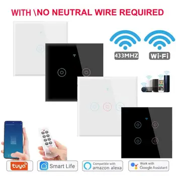 Smart WiFi Touch Switch No Neutral Тел Smart Home 1/2/3/4 Gang Light Switch 220V Подкрепа Алекса Sasha Smart Life App RF433 Remote
