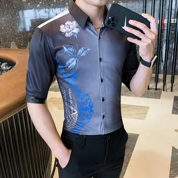 Camisa Masculina Korean Casual Slim Fit Мъже Облекло Тениски Официална Социална блуза 2021 Градиент риза Мъжете С Къс Ръкав Цветни ризи