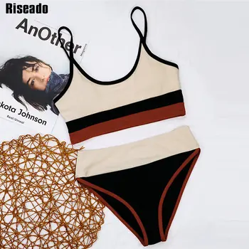 Riseado High Waisted Bikini 2021 Push Up Swimsuit Мозайка Бански Костюми, Дамски Колан Бански Оребрена Секси Бански Костюм Лятото