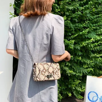 DOLOVE Women Bag Fashion Верига Small Square Shoulder Messenger Bag Retro Color Contrast Snake Skin Pattern Наклонена Чанта През Рамо