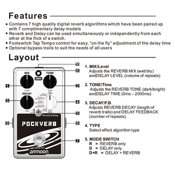 Ammoon POCKVERB Reverb & Delay Guitar Effect Pedal 7 Ефекти Реверберация + 7 Ефекти Забавяне С Функцията Tap Tempo True Bypass
