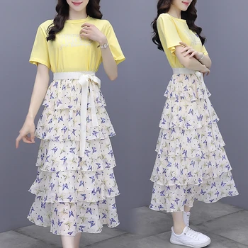 Корейски жени с къси ръкави Тениска свободни пластове рокли шифоновые Поли, Костюми, Мода колана на Полата Комплекти Жена Комплект от две части
