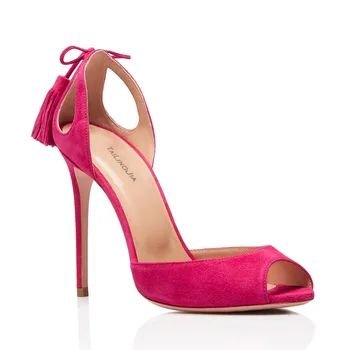 Дамски сандали с отворени пръсти на висок ток с пискюл Розови деколтета D ' Orsay Черна вечерна рокля, токчета на Дамски летни обувки на ток 2018