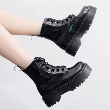 Есента и зимата са нов лъскав черен дами Мартин ботуши дамски обувки мода ежедневни голям размер кожена обувка на висок връх платформа, обувки